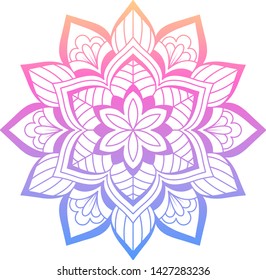  Round gradient mandala on white isolated background. Vector boho mandala in pink colors. Mandala with floral patterns. Ethnic mandala with colorful tribal ornament. Isolated. Vector illustration.