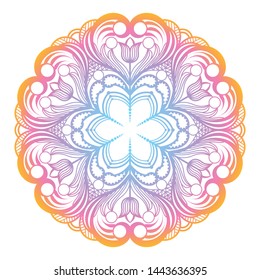 Round gradient mandala on white isolated background. Vector boho mandala in blue and pink colors.