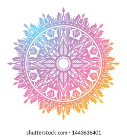 Round gradient mandala on white isolated background. Vector boho mandala in blue and pink colors.
