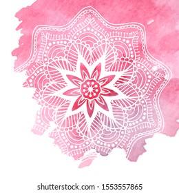 Round gradient mandala on white isolated background. Vector boho mandala in green and pink colors. Mandala with floral patterns. Yoga template