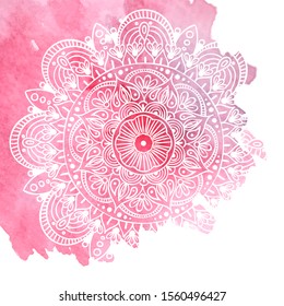 Round Gradient Mandala On White Isolated Background. Vector Boho Mandala In Green And Pink Colors. Mandala With Floral Patterns. Yoga Template