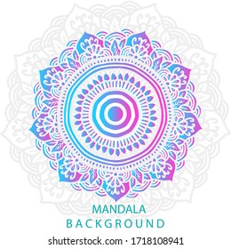 Round gradient mandala on white background. Vector mandala in blue and pink colors. Mandala with floral patterns. Yoga template