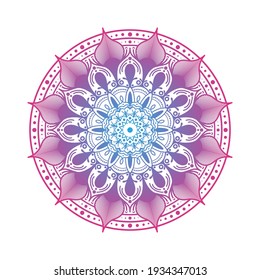 Round gradient mandala on white isolated background. Vector boho mandala in green and pink colors. Mandala with floral patterns. Yoga template