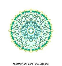 Round gradient mandala on white isolated background. Vector boho mandala in green and pink colors. Mandala with floral patterns. Yoga template