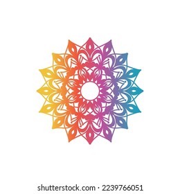 Round gradient mandala on white isolated background. Vector boho mandala in green and pink colors. Mandala with floral pattern. Yoga Templates