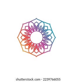 Round gradient mandala on white isolated background. Vector boho mandala in green and pink colors. Mandala with floral pattern. Yoga Templates