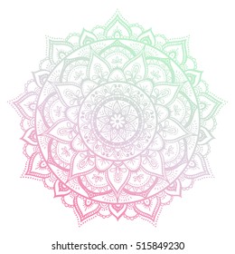 Round gradient mandala on white isolated background. Vector hipster mandala in green and pink colors. Mandala with floral patterns. Yoga template.