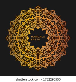 Round gradient mandalas on an isolated black background. Vector boho mandala in gold color. Mandala with floral designs. Yoga template