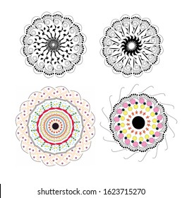 Round gradient mandalas on a white isolated background. Boho mandala vector in green and pink. Mandala with floral designs. Yoga template