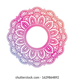 Round gradient mandalas on a white isolated background. Boho mandala vector in blue, pink and orange. Mandala with floral designs. Yoga template