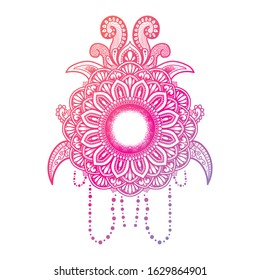 Round gradient mandalas on a white isolated background. Boho mandala vector in blue, pink and orange. Mandala with floral designs. Yoga template