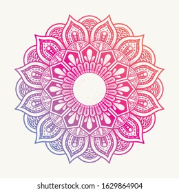Round gradient mandalas on a white isolated background. Boho mandala vector in blue, pink and orange. Mandala with floral designs. Yoga template