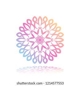 Round gradient ornament mandala on white isolated background. Vector boho ornament mandala in green and pink colors. ornament  Mandala with floral patterns. Yoga template