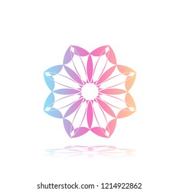 Round gradient ornament mandala on white isolated background. Vector boho ornament mandala in blue and pink colors. ornament  Mandala with floral patterns. Yoga template
