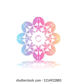 Round gradient ornament mandala on white isolated background. Vector boho ornament mandala in blue and pink colors. ornament  Mandala with floral patterns. Yoga template