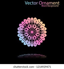 Round gradient ornament mandala on black background. Vector boho ornament mandala in green and pink colors. ornament  Mandala with floral patterns. Yoga template