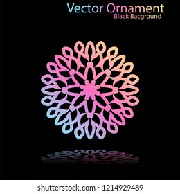 Round gradient ornament mandala on black background. Vector boho ornament mandala in green and pink colors. ornament  Mandala with floral patterns. Yoga template