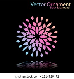Round gradient ornament mandala on black background. Vector boho ornament mandala in green and pink colors. ornament  Mandala with floral patterns. Yoga template