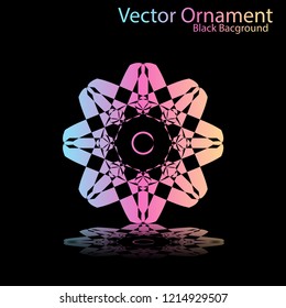 Round gradient ornament mandala on black background. Vector boho ornament mandala in green and pink colors. ornament  Mandala with floral patterns. Yoga template