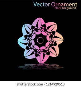 Round gradient ornament mandala on black background. Vector boho ornament mandala in green and pink colors. ornament  Mandala with floral patterns. Yoga template