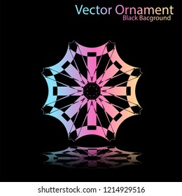 Round gradient ornament mandala on black background. Vector boho ornament mandala in green and pink colors. ornament  Mandala with floral patterns. Yoga template