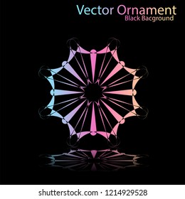 Round gradient ornament mandala on black background. Vector boho ornament mandala in green and pink colors. ornament  Mandala with floral patterns. Yoga template