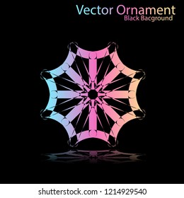 Round gradient ornament mandala on black background. Vector boho ornament mandala in green and pink colors. ornament  Mandala with floral patterns. Yoga template