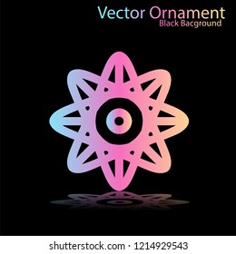 Round gradient ornament mandala on black background. Vector boho ornament mandala in green and pink colors. ornament  Mandala with floral patterns. Yoga template