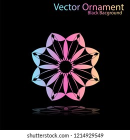 Round gradient ornament mandala on black background. Vector boho ornament mandala in green and pink colors. ornament  Mandala with floral patterns. Yoga template