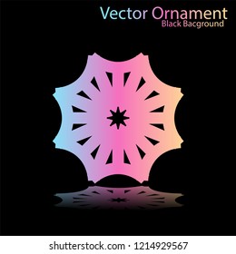 Round gradient ornament mandala on black background. Vector boho ornament mandala in green and pink colors. ornament  Mandala with floral patterns. Yoga template