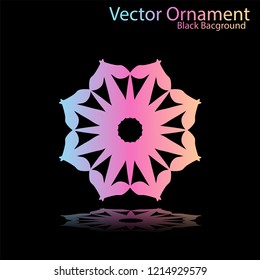 Round gradient ornament mandala on black background. Vector boho ornament mandala in green and pink colors. ornament  Mandala with floral patterns. Yoga template