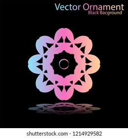 Round gradient ornament mandala on black background. Vector boho ornament mandala in green and pink colors. ornament  Mandala with floral patterns. Yoga template