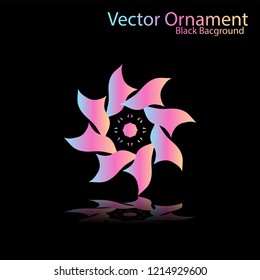 Round gradient ornament mandala on black background. Vector boho ornament mandala in green and pink colors. ornament  Mandala with floral patterns. Yoga template