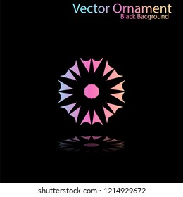 Round gradient ornament mandala on black background. Vector boho ornament mandala in green and pink colors. ornament  Mandala with floral patterns. Yoga template