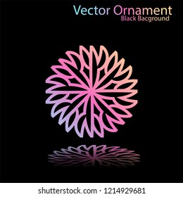 Round gradient ornament mandala on black background. Vector boho ornament mandala in green and pink colors. ornament  Mandala with floral patterns. Yoga template