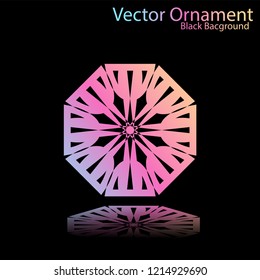 Round gradient ornament mandala on black background. Vector boho ornament mandala in green and pink colors. ornament  Mandala with floral patterns. Yoga template