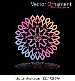 Round gradient ornament mandala on black background. Vector boho ornament mandala in green and pink colors. ornament  Mandala with floral patterns. Yoga template