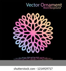 Round gradient ornament mandala on black background. Vector boho ornament mandala in green and pink colors. ornament  Mandala with floral patterns. Yoga template