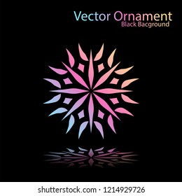Round gradient ornament mandala on black background. Vector boho ornament mandala in green and pink colors. ornament  Mandala with floral patterns. Yoga template