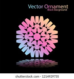 Round gradient ornament mandala on black background. Vector boho ornament mandala in green and pink colors. ornament  Mandala with floral patterns. Yoga template