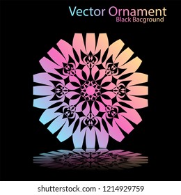 Round gradient ornament mandala on black background. Vector boho ornament mandala in green and pink colors. ornament  Mandala with floral patterns. Yoga template