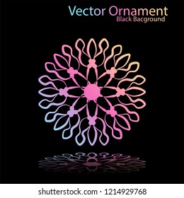Round gradient ornament mandala on black background. Vector boho ornament mandala in green and pink colors. ornament  Mandala with floral patterns. Yoga template