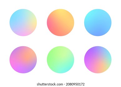 Conjunto de degradado redondo. Botones de círculos suaves y coloridos. Esferas holográficas degradadas. Neón multicolor, gradientes de paleta, botones redondeados, esferas de colores vivos planos redondeados redondeados.
