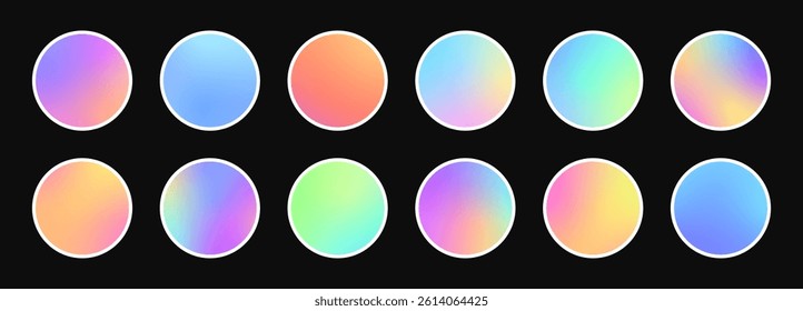 Round gradient set. Colorful soft circles buttons. Gradient holographic spheres. Vector rounded vibrant abstract multicolor neon, purple, blue palette gradients.