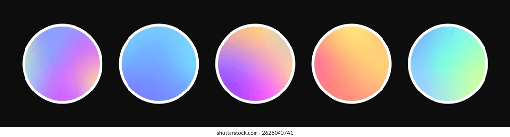 Round gradient set. Colorful soft circles buttons. Gradient holographic spheres. Vector rounded vibrant abstract multicolor neon, purple, blue palette gradients, round buttons flat vivid color spheres