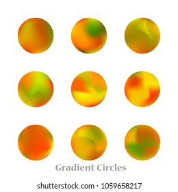 Round gradient set of vibrant colorful fluid abstract blurs design elements. Gradient colorful covers for calendars, brochures, cards. Soft and smooth color. Round gradient for mobile apps, screens.