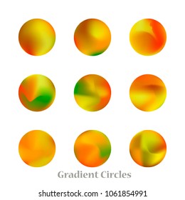 Round gradient set of vibrant colorful fluid abstract blurs design elements. Gradient colorful covers for calendars, brochures, cards. Soft and smooth color. Round gradient for mobile apps, screens.