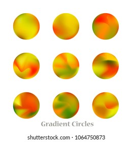 Round gradient set of vibrant colorful fluid abstract blurs design elements. Gradient colorful covers for calendars, brochures, cards. Soft and smooth color. Round gradient for mobile apps, screens.
