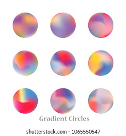 Round gradient set of vibrant colorful fluid abstract blurs design elements. Gradient colorful covers for calendars, brochures, cards. Soft and smooth color. Round gradient for mobile apps, screens.