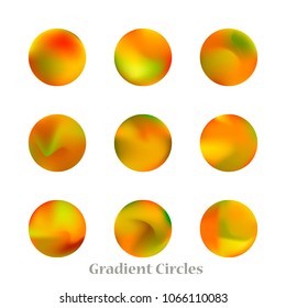 Round gradient set of vibrant colorful fluid abstract blurs design elements. Gradient colorful covers for calendars, brochures, cards. Soft and smooth color. Round gradient for mobile apps, screens.